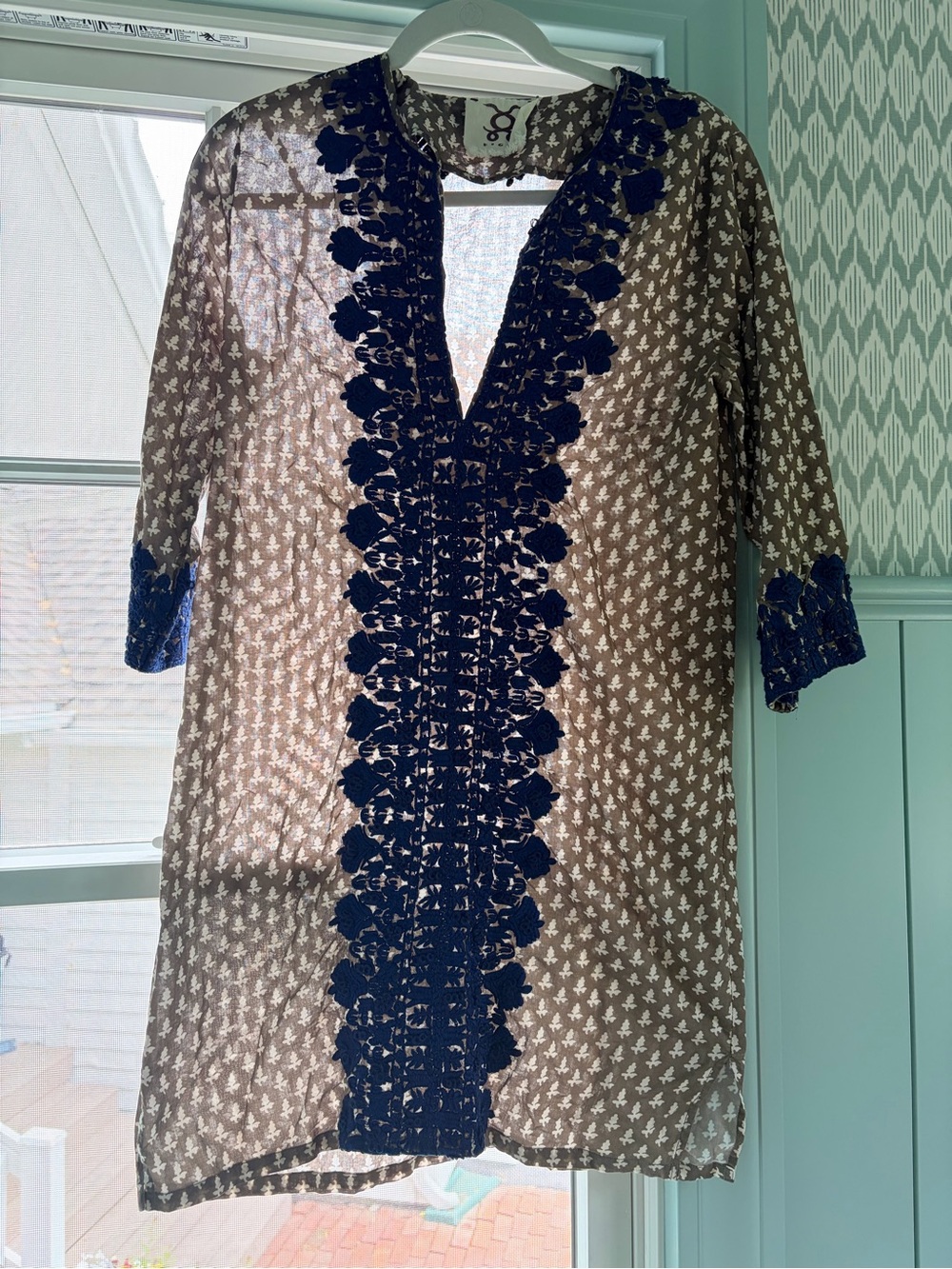 Figue Embroidered Cotton Cover Up Tunic Navy Beige XS S Boho Resort